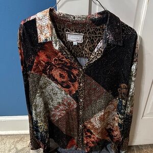 Papillon Blanc Artistic Patchwork Button Down Shirt & matching leopard pants